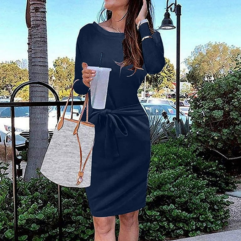 VSSSJ Women's Long Sleeve Casual Dresses Crew Neck Tie Waist Knee Length  Daily Solid Color Comfy Loose T-Shirt Dress with Pockets Navy M -  Walmart.com