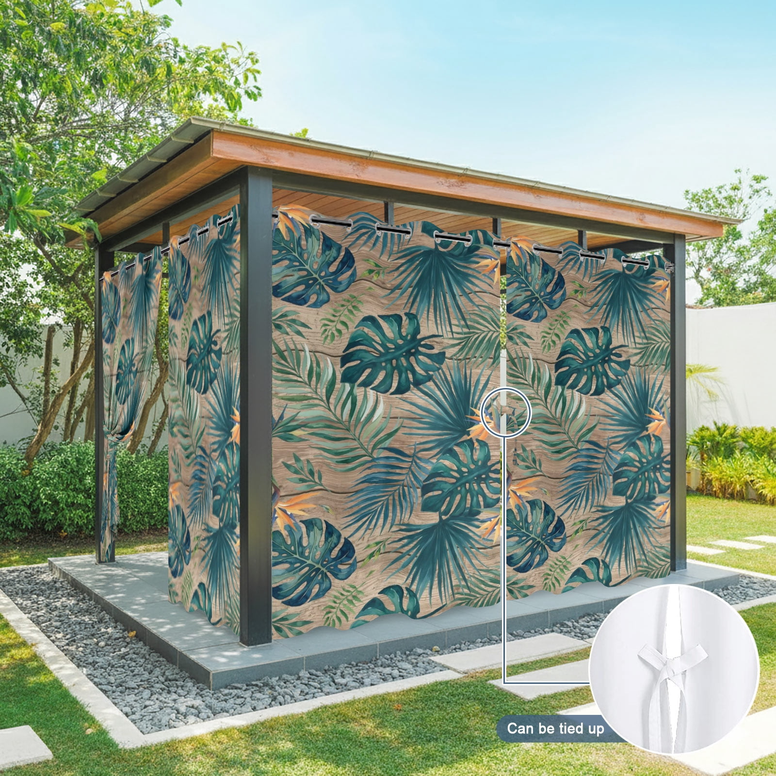 Palm Leaves Outdoor Curtains for Patio, Summer Brown Wood Grain Tropical Botanical Sunshade Privacy Drapes Grommet Waterproof Outside Curtains for Porch/Cabana/Balcony 54"x 108", 1 Panel