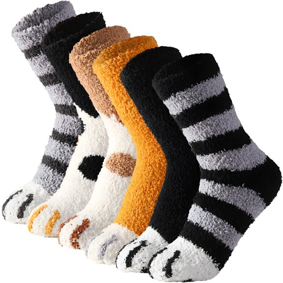 TELOLY 6 Pairs Cute Cat Paw Socks Women Winter Fuzzy Cozy Plush Slipper Socks