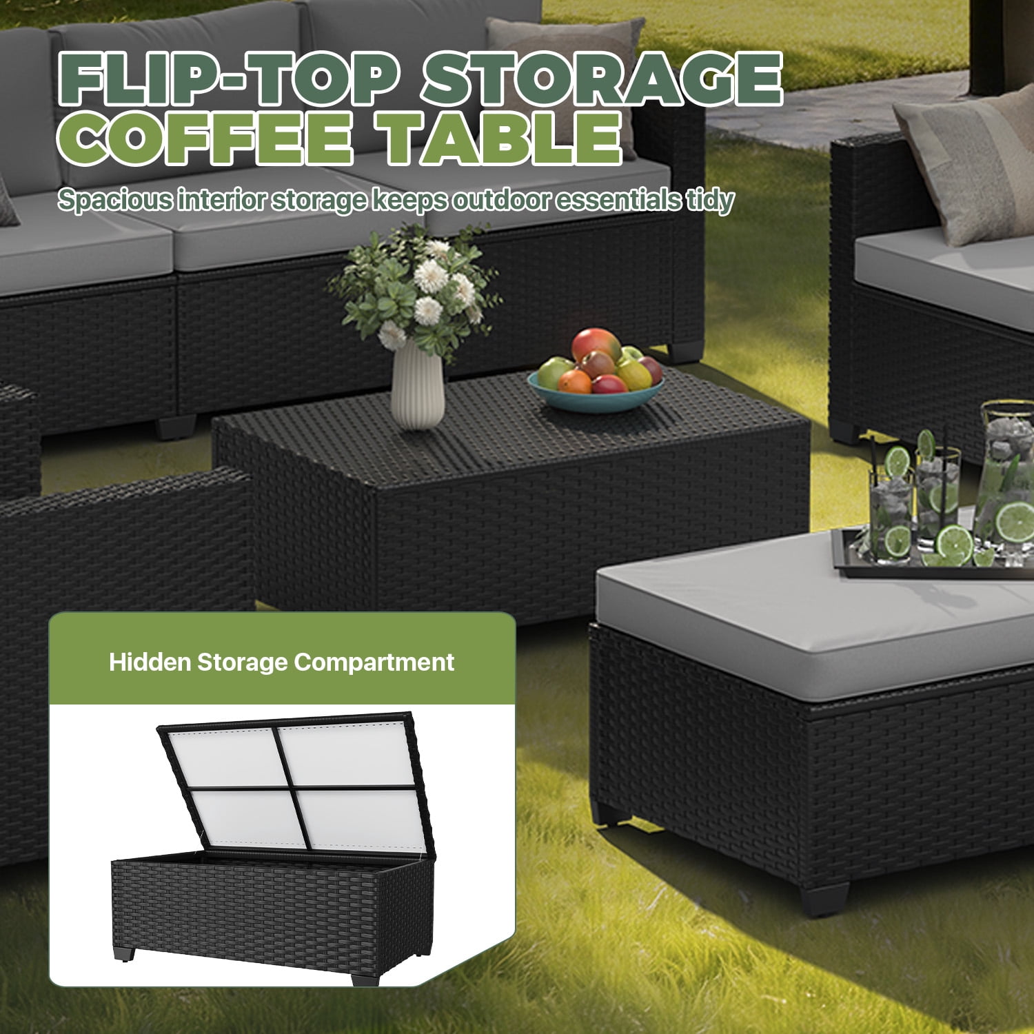 BaPiPro 7-Piece Gray PE Rattan Outdoor Sectional Sofa Set, Patio Furniture with Storage Table, Convertible Ottomans & Weather Resistant Cushions for Backyard & Poolside