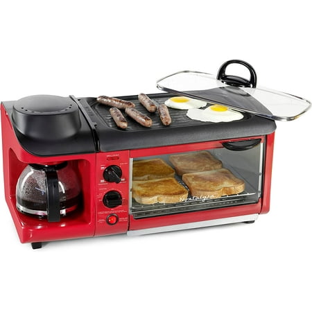 

Nostalgia Retro 3-in-1 Family Size Electric Breakfast Station Non Stick Die Cast Grill/Griddle 4 Slice Toaster Oven Coffee Maker Red
