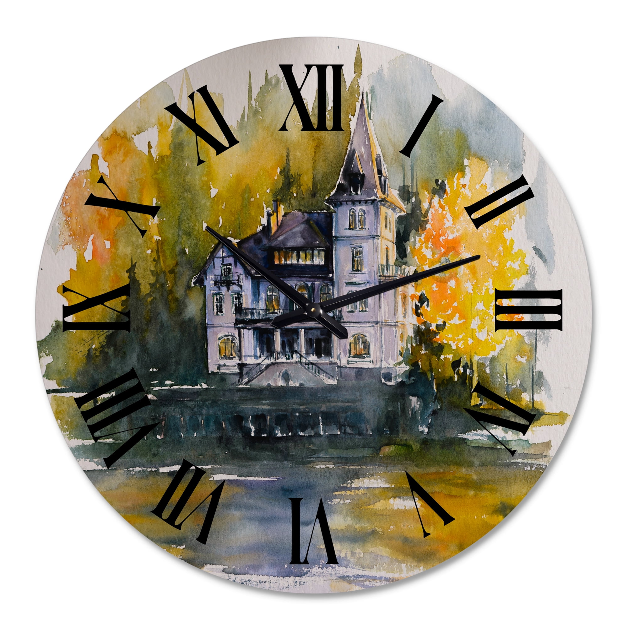 Designart 'Castle By The Lake With Autumn Trees' Lake House Wall Clock