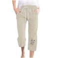 thumbnail image 1 of lcziwo Women's Plus Size High Waist Drawstring Linen Capris, Khaki, 1 of 4