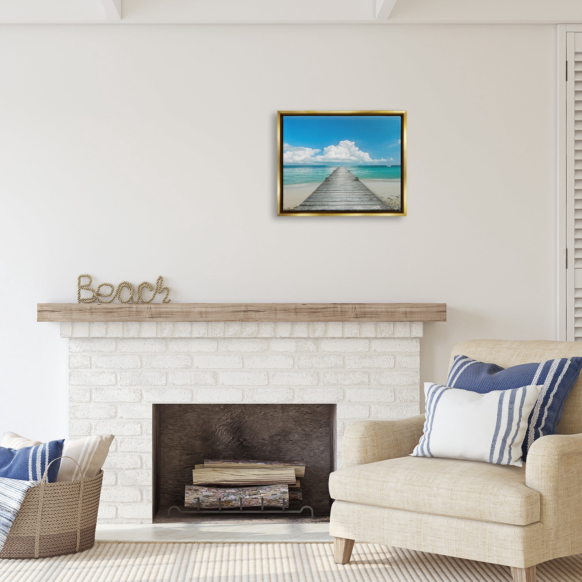 Stupell Industries Clear Blue Beach Sky Nature Photography Gold Floater Framed Canvas Art Print Wall Art, 21 x 17