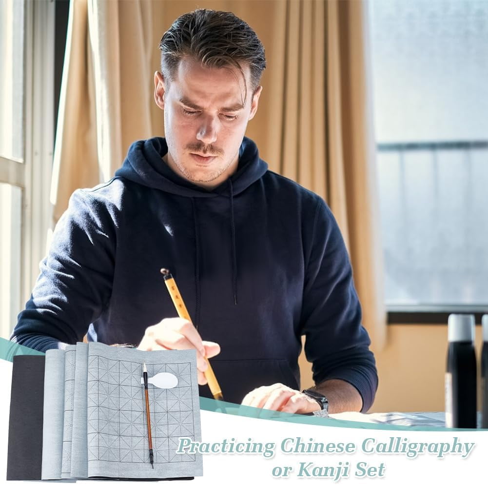 26Pcs No Ink Chinese Calligraphy Set with 24Pcs Grid Water Drawing Writing Cloth 1Pcs Traditional Calligraphy Writing Brushes Pen 1Pcs Water Dish for Calligraphy Class and Chinese Beginners Colorful