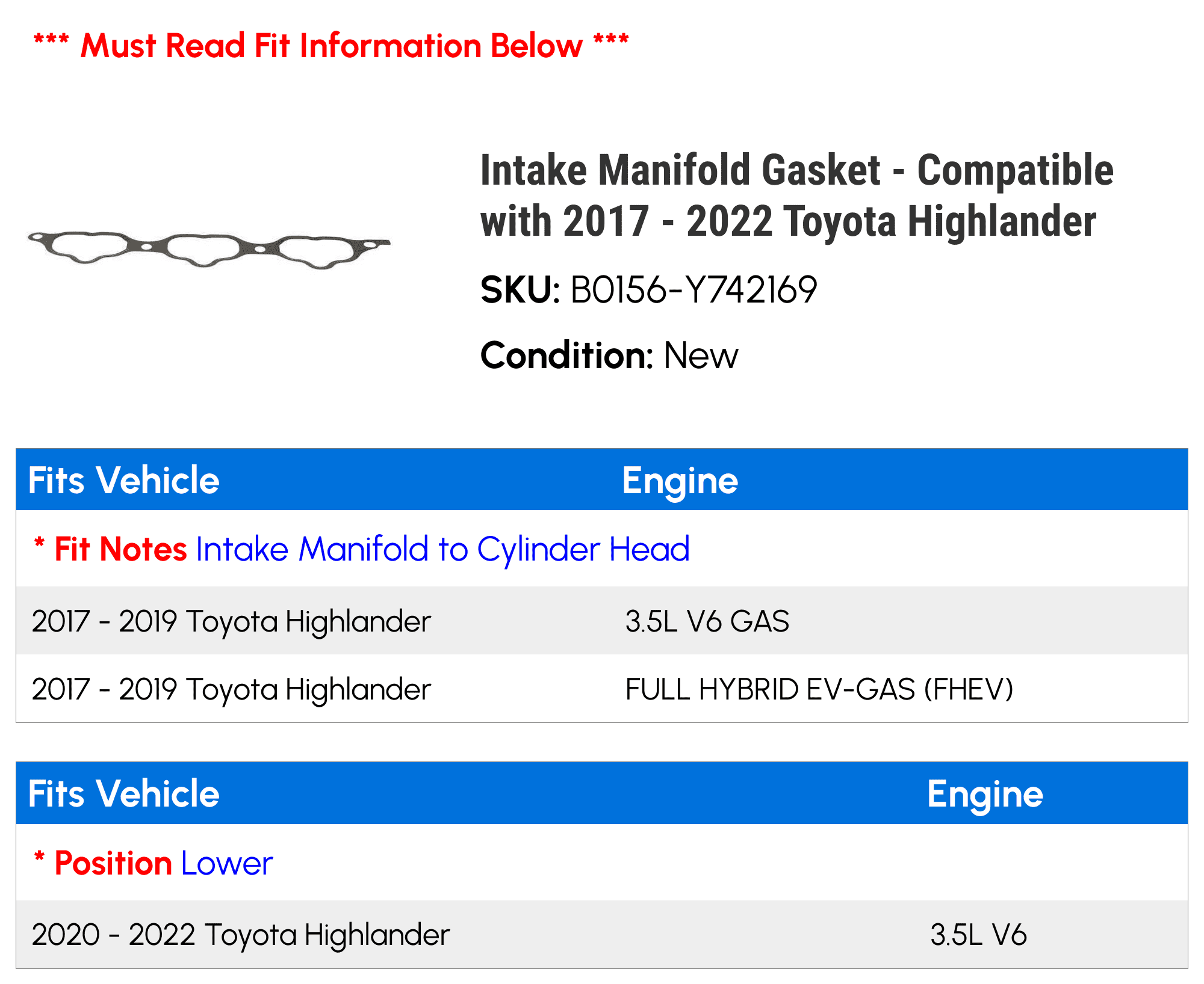 Intake Manifold Gasket - Compatible with 2017 - 2022 Toyota Highlander 2018 2019 2020 2021
