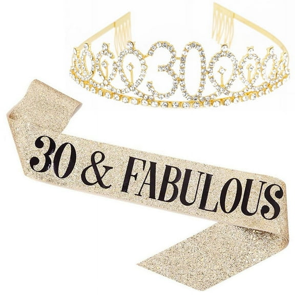 TY "30 and Fabulous" Sash & Rhinestone Tiara Set - 30th Birthday Sash 30 Birthday Gifts Party Favors,gold