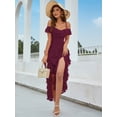 thumbnail image 4 of EILLY BAZAR Women's Cold Shoulder Layered Ruffle Trim Split Thigh Dress Red Violet M, 4 of 5