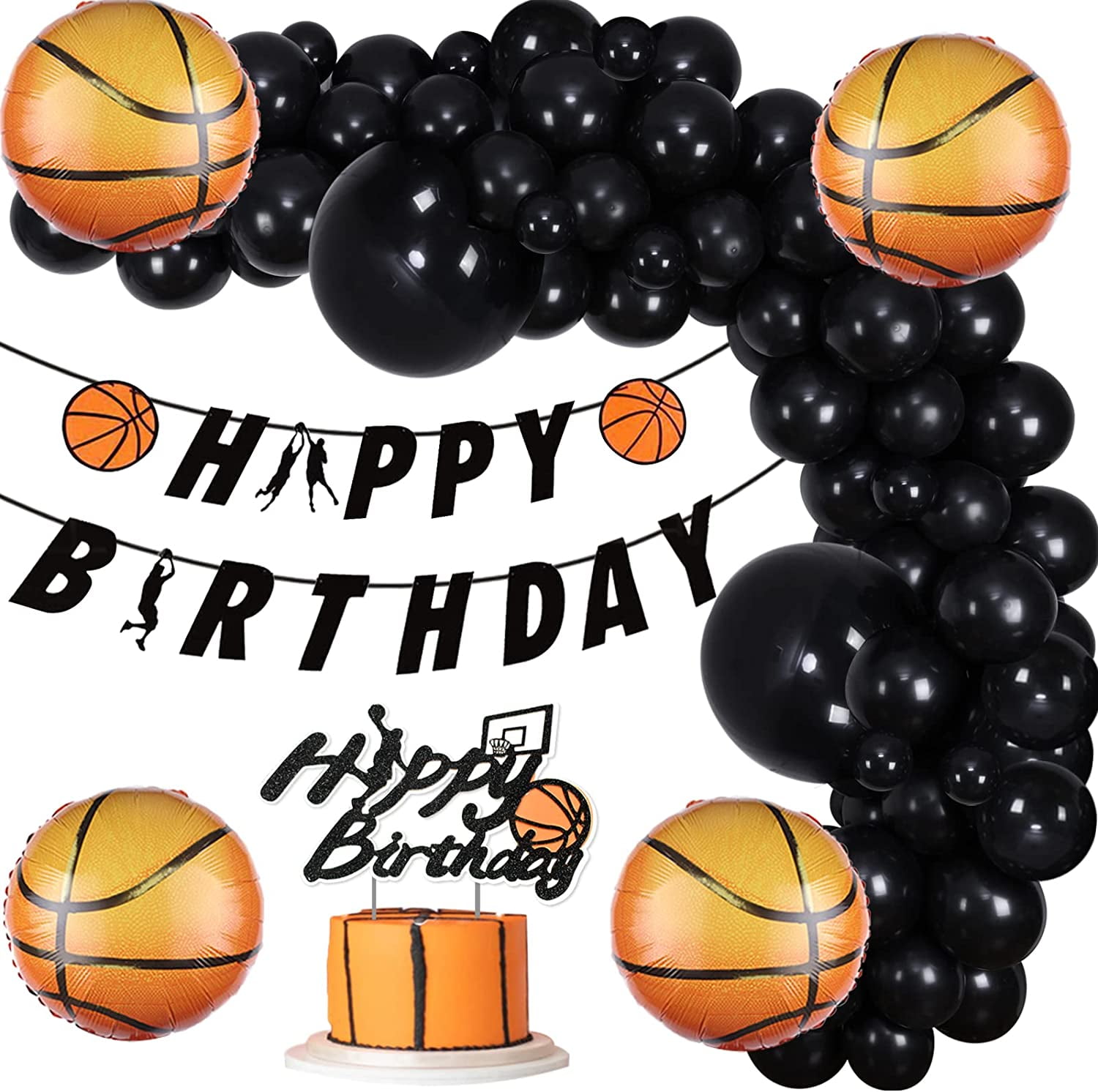 Basketball Birthday Party Decorations Black Balloon Garland Kit with Basketball Foil Balloon
