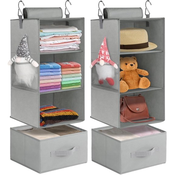 3-Shelf Hanging Closet Organizer, 2 Pack Closet Hanging Organizer with Drawers, Foldable Hanging Closet Shelves for Rv, Camper, Locker, 22.8" D x 11" W x 11" H, Grey