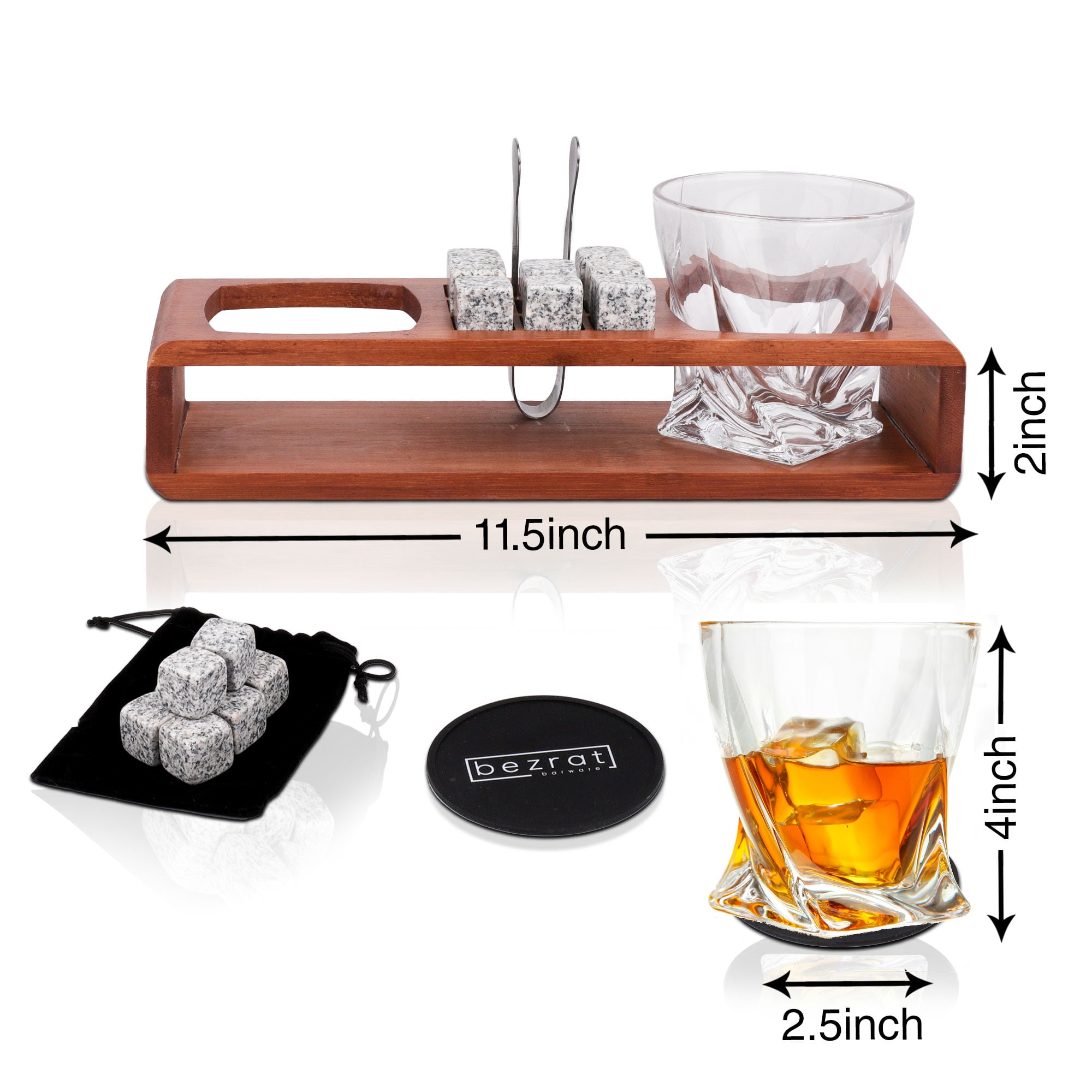 Granite Chilling Rocks Scotch Bourbon Twist Glasses Bezrat Whiskey Glass Wood Stand Gift Set Stone Tray 