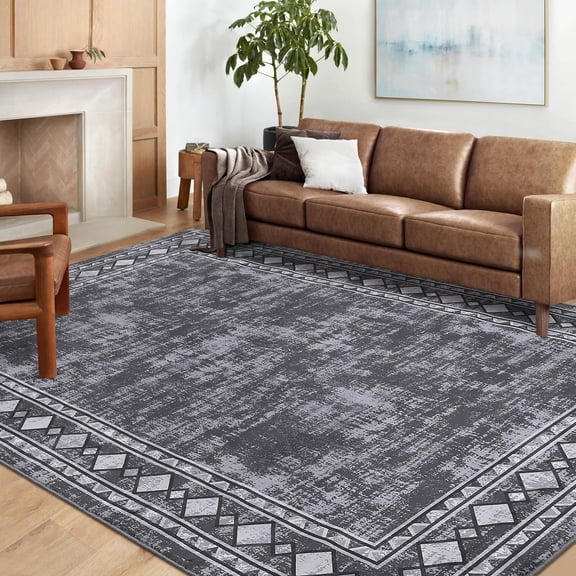EcoSummer Modern Area Rug 5x7 Non-Slip Machine Washable Soft Rug Low Pile Geometric Floor Cover Bordered Print Stain-Resistant Contemporary Indoor Mat for Bedroom Living Room Dining Room Nursery Grey