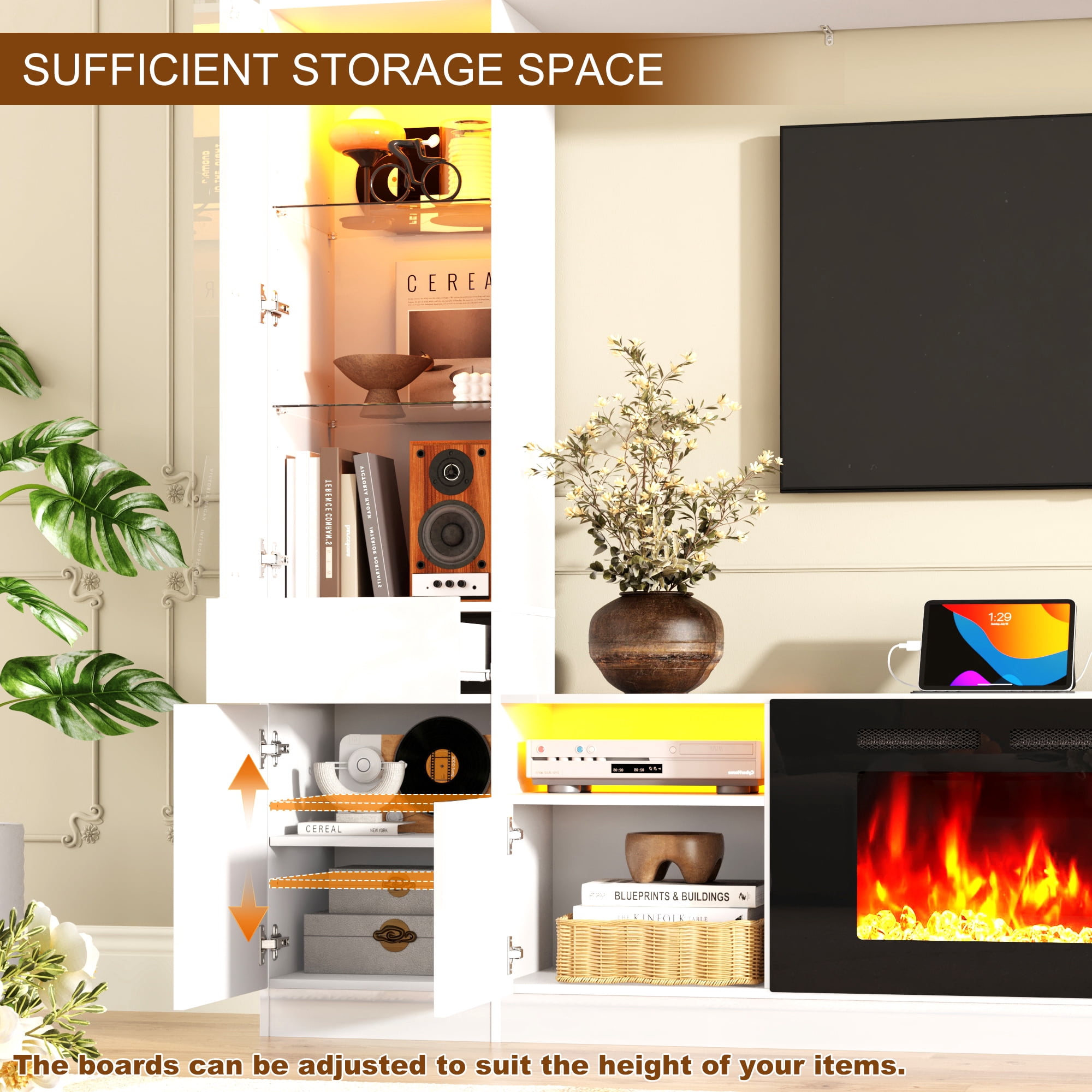 ANPOO 107" Large Wall Unit Entertainment Center with 40" Electric Fireplace, Bookshelves, LED Lights, Modern High Glossy TV Stand Media Console Table with Bridge Cabinet for Living Room & Home Theate