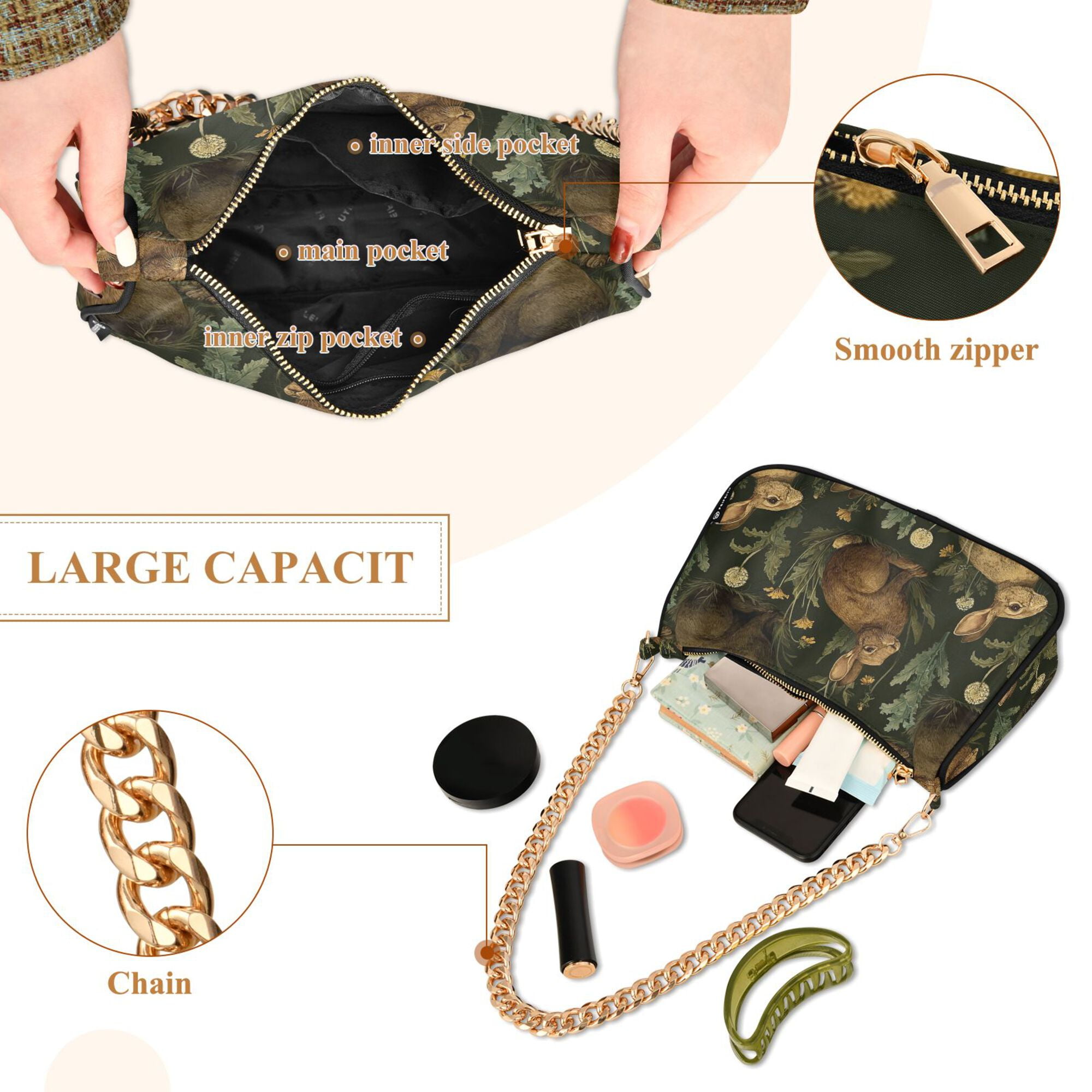 FORMRS Womens Shoulder Bag with Chain Strap Clutch Purse Cute Tote Handbag, Brown Floral Rabbits Pattern