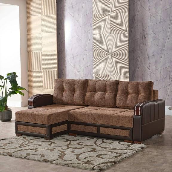 Ottomanson 96" Convertible Sectional Sofa with Storage, Chenille L-Shaped Couch for Living Room, Brown