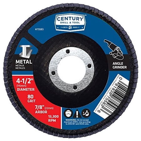 UPC: 0081838755836 | Century Drill & Tool 75583 4.5 in. Zircona Grit Flap Disc – 80 Grit