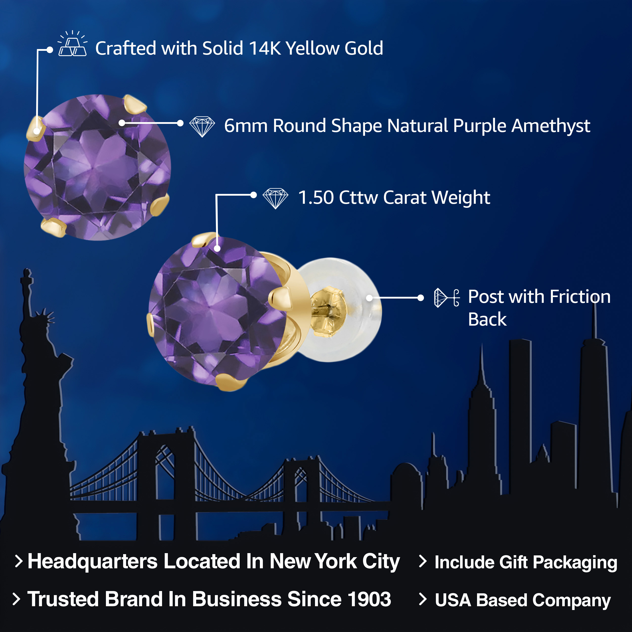 Gem Stone King 14K Yellow Gold Purple Amethyst 4-Prong Stud Earrings for Women Men (1.50 Cttw, Gemstone Birthstone, Round 6MM)