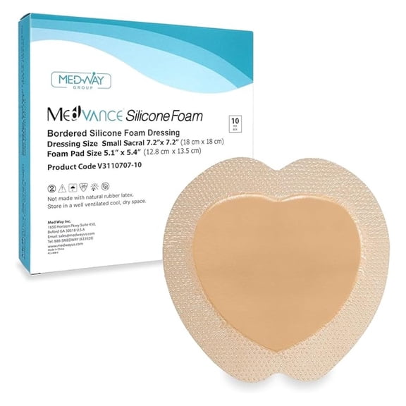 TM Silicone - Sacral Bordered Silicone Adhesive Foam Wound Dressing, Bed Sore Treatment Bandage for Sacrum, Size 7"x 7", Box of 10 dressings