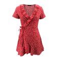 thumbnail image 3 of Pompotops Mode Femmes Mousseline Volant Manches Courtes Imprimé Bandage Casual V-Neck Robe, 3 of 8
