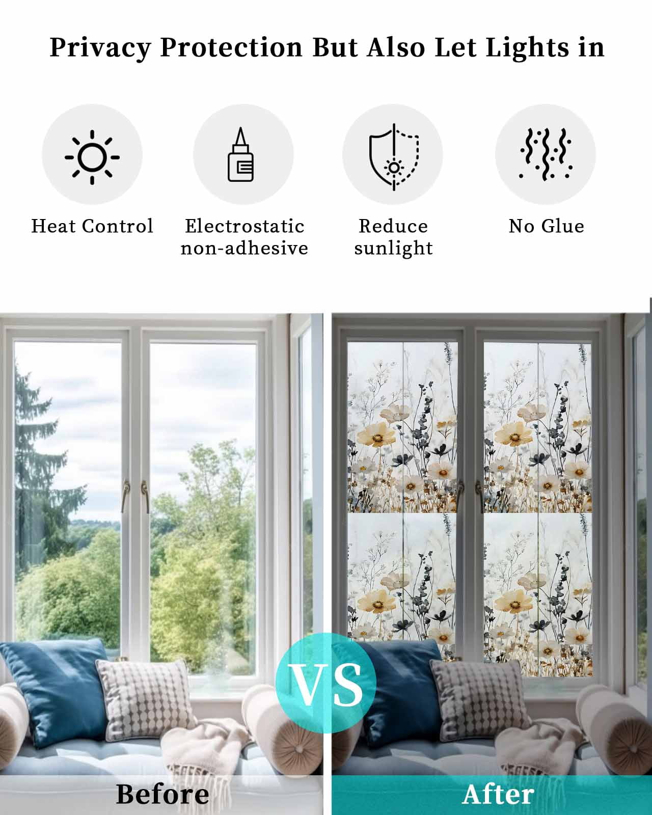 Window Privacy Film Vintage Floral Spring Stained Glass Window Film Decorative Sun Block Window Cover Farmhouse Botanical Blooms Window Clings Static Adhesive Sticker for Bathroom 29.5"x118"