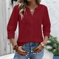 thumbnail image 5 of Button Down Shirts for Women 3/4 Sleeve Linen Cotton V Neck Tops Dressy Casual Loose Work Blouses Red M, 5 of 6