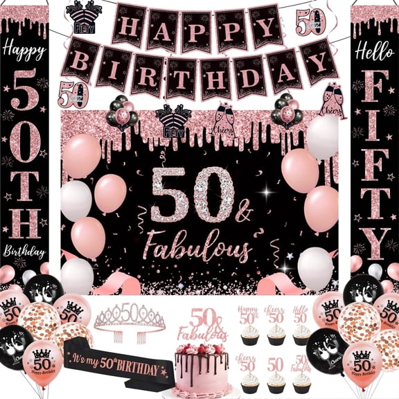 50th Birthday Party Decorations Kit Rose Gold Black – Happy 50th & Fabulous Banner, Crown & Sash, Balloons, Photo Backdrop, Hanging Swirls, Table Signs – 45PCS Decorations Set for Women