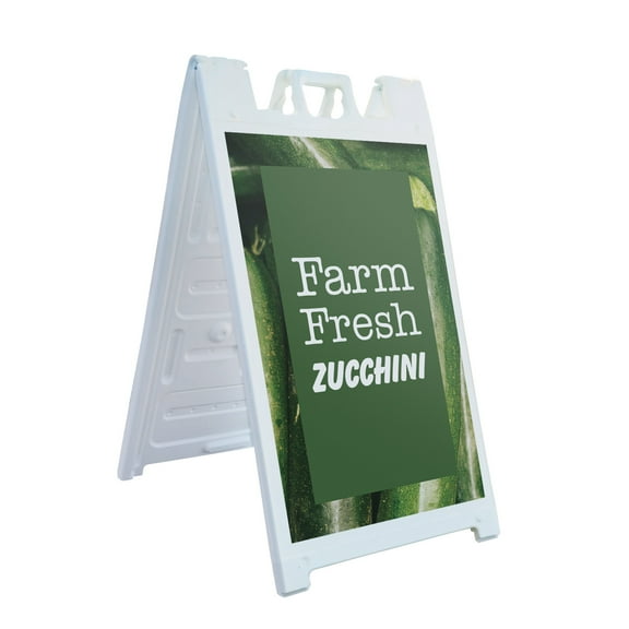 Farm Fresh Zucchini 24" x 36" Double Sided A-Frame Sidewalk Sign Includes 2 Plastic Inserts Foldable Portable White Signicade Sandwich Board Fresh Vegetables Local Farms Grocery