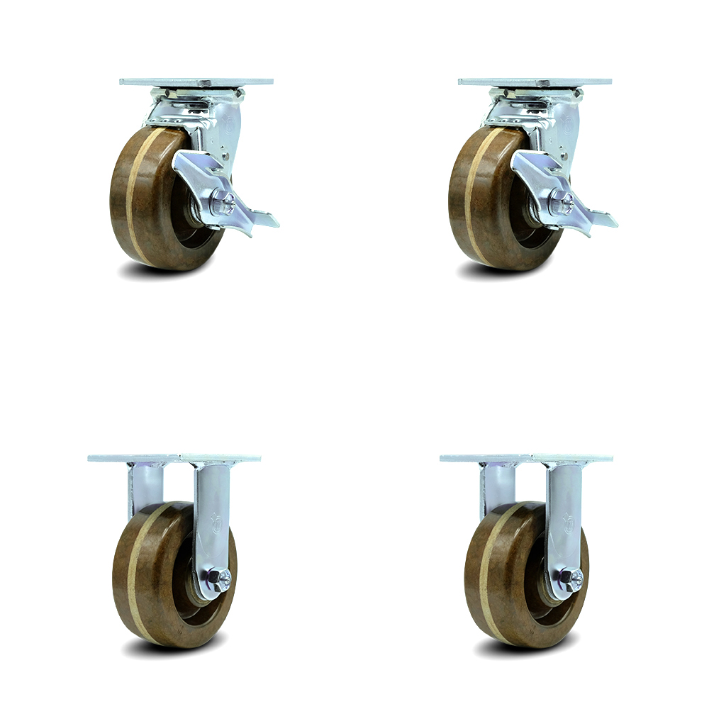5 x 2 Heavy-Duty Swivel Caster 4-Pack with Phenolic Wheels and 2 Side Brakes 4000# 5 x 2 Heavy-Duty Swivel Caster 4-Pack with Phenolic Wheels and 2 Side Brakes 4000#