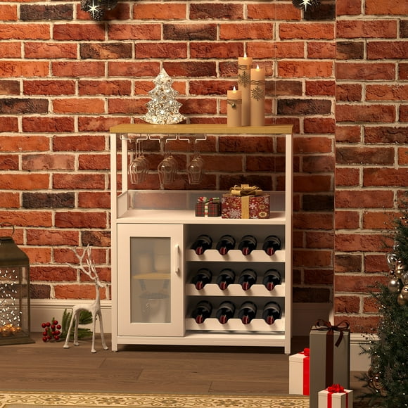 Wine Bar Rack Cabinet, Adjustable Shelves Coffee Bar Cabinet with Mesh Door and Baffle Design, Small Liquor Bar Cabinet for Home, Kitchen, Dinning Room