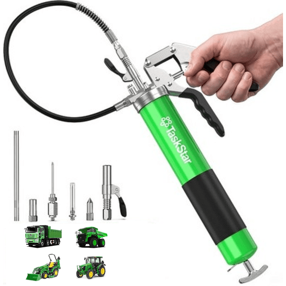 TaskStar 8000PSI Grease Gun Kit: Heavy Duty Pistol Grip Grease Gun with 14oz Capacity, Quick-Release Coupler, 90°Adapter, Flexible Hose, Rigid Pipe for Automotive