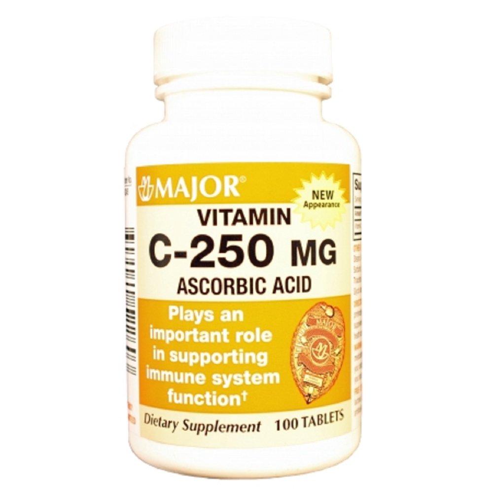 Major VitaminC Ascorbic Acid Tablets, White, 250 mg, 100 Count