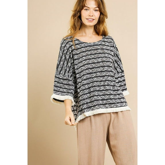 Heathered Striped Knit Bell Sleeve Round Neck Top