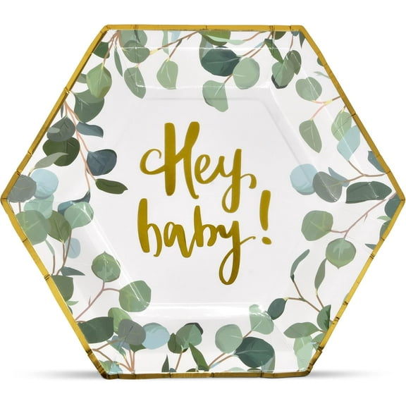 Gift Boutique 50 Hey Baby Shower Plates 9 Inch Hexagon Paper Disposable Dinner Plate Eucalyptus Greenery Gold Foil for Boy Girl Neutral Gender Reveal Party Supplies