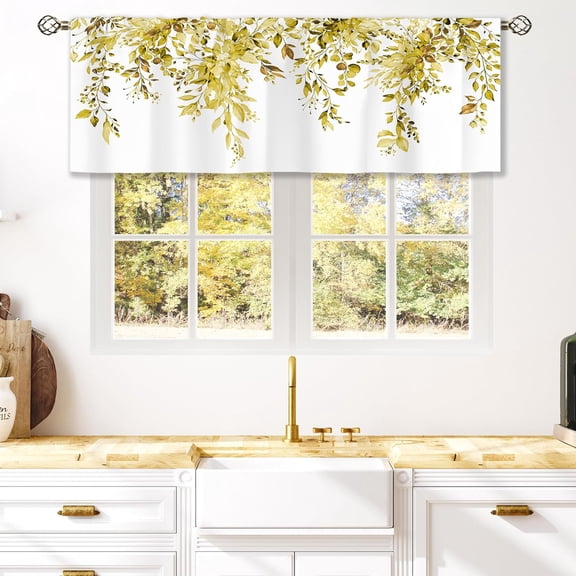 Eucalyptus Yellow Leaves Curtain Valance for Window Treatments Botanical Floral Plant Rod Pocket Fall Kitchen Treatment Flower Drapes for Bathroom Bedroom Living Room 1 Panel (52x18 Inch)