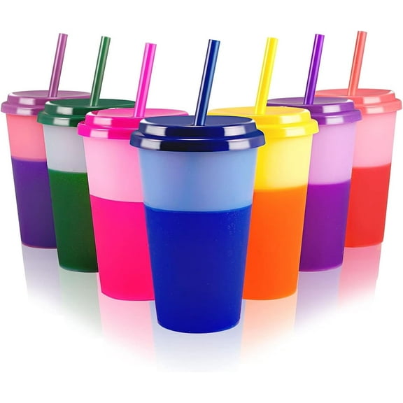 NOGIS Color Changing Cups Tumblers with Lids & Straws for Kids - 7 Reusable Plastic Bulk Tumblers 12oz Cold Cup Tumbler Set for Kids-Tumblers/Iced Cold Drinking Party Cup-Random Color