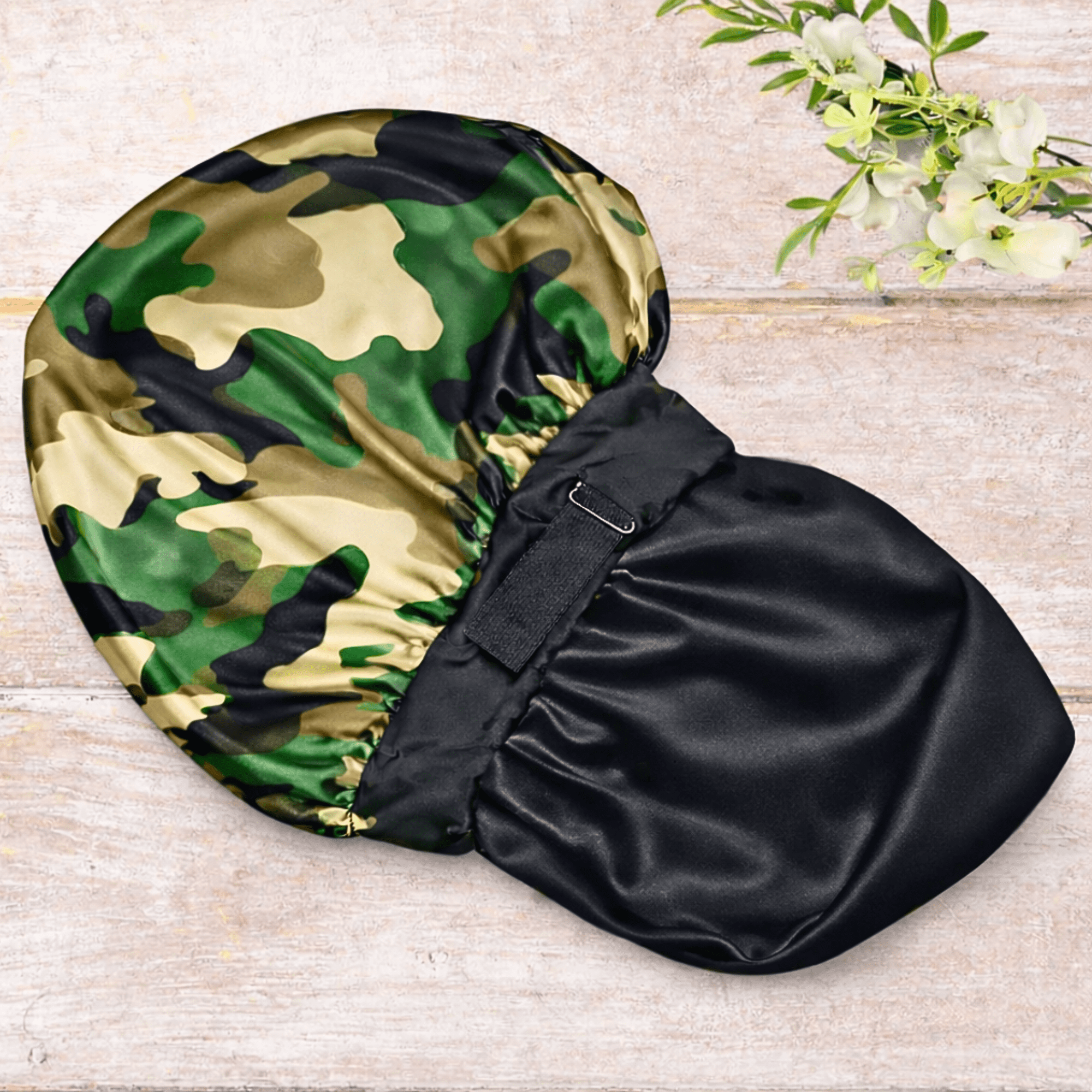 Men’s Satin Bonnet with Adjustable Tie, Silk Infused Sleep Cap for Waves, Braids, Locs, Camouflage