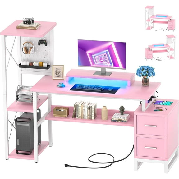 iSunirm 53'' Gaming Desk with 2 Drawers and 2 Fabric Drawers, Reversible Computer Desk with Power Outlet & LED Lights, Writing Desk with Monitor Stand and DIY Pegboard, for Home & Office, Pink
