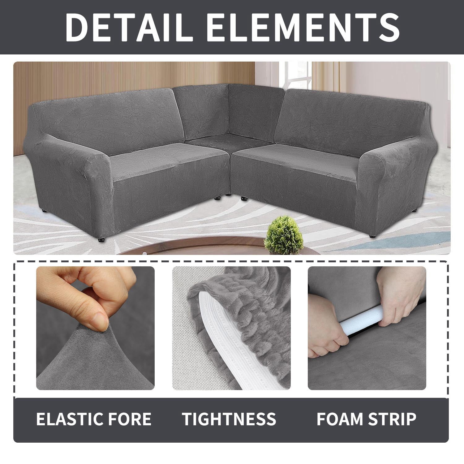 Eurhowing 7-Seater L-Shaped Sofa Cover, Stretch Velvet Soft Couch Slipcover for Sectional Corner Sofa, Non-Slip Furniture Protector, Grey