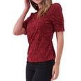 thumbnail image 4 of INSPIRAR CHIC Blusa de Encaje Floral de Cuello Alto con Mangas Cortas Abullonadas Elegante Blusa de Encaje para Mujeres Talla M Rojo Oscuro, 4 of 6