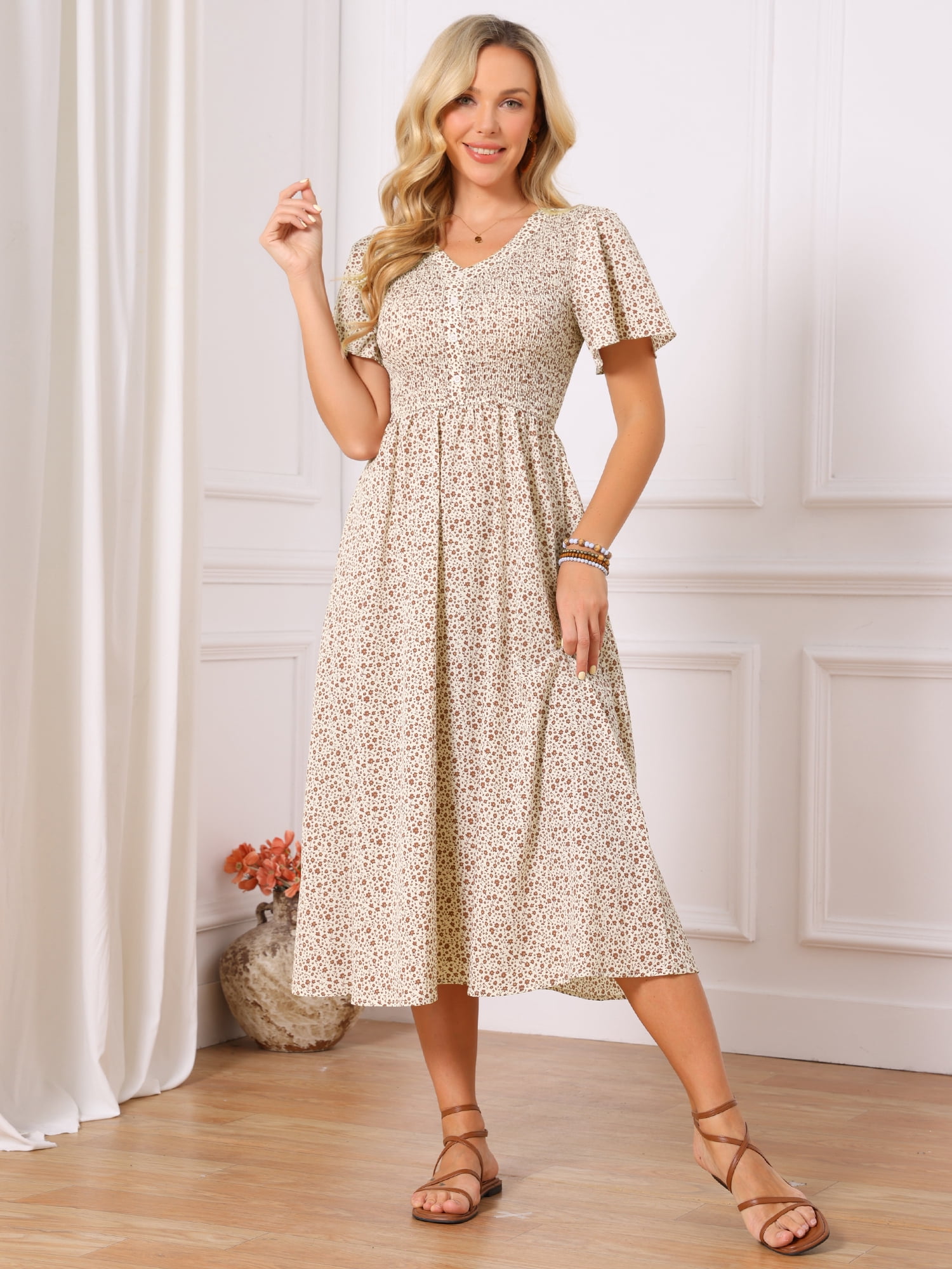 DARING DIVA Women's Floral Midi Flutter Short Sleeve V Neck A Line Dress XL Apricot