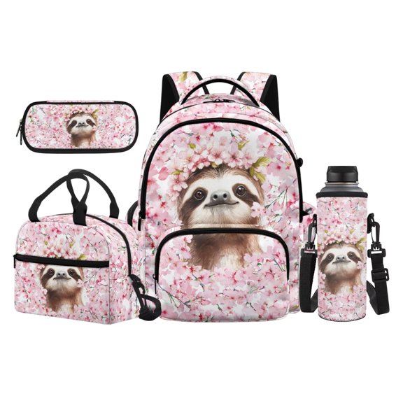 Jeiento Sloth 17 Inch Backpack Set 4-Piece Lunch Bag Pencil Case Water Bottle Holder Pink Cherry Blossom Lightweight Durable Large Capacity for Boys Girls Kids Students