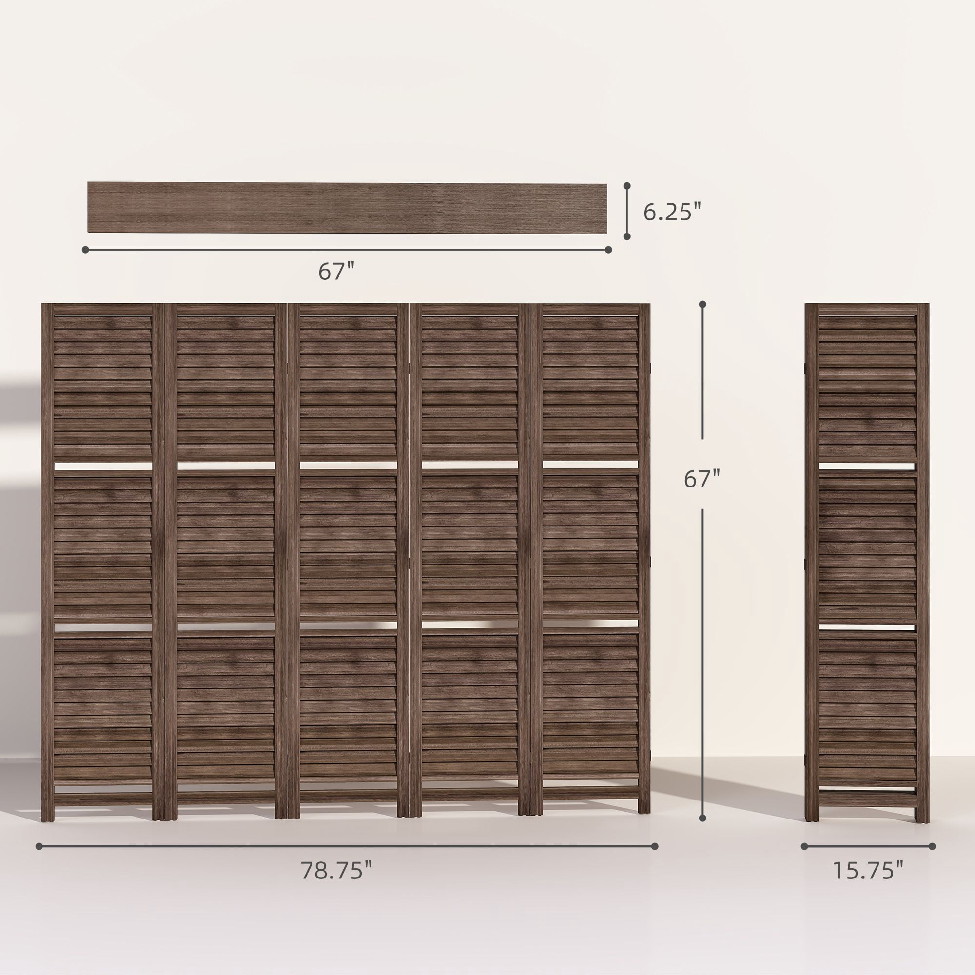 Alvantor 5 Panel Room Divider 67" Wood Privacy Screen with Storage Shelves for Porch Living Room Dorm Walnut