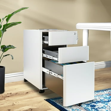 Uforic Mobile Slim File Cabinet with Lock, 3 Drawers, Portable Metal Office Storage Filing Cabinet, Accommodates Lega Size, Pre-Assembled Cabinet Excluding Casters, Designed to Fit Under Desk, White