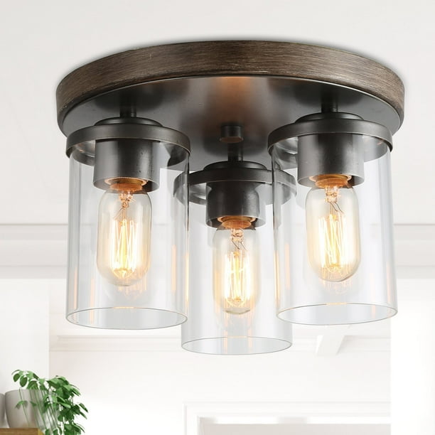 Farmhouse 3 Light Faux Wood Cer Flush Mount Ceiling With Glass Shade Com Flush Mount Ceiling Light, Kitchen Light Fixtures Flush Mount Wood