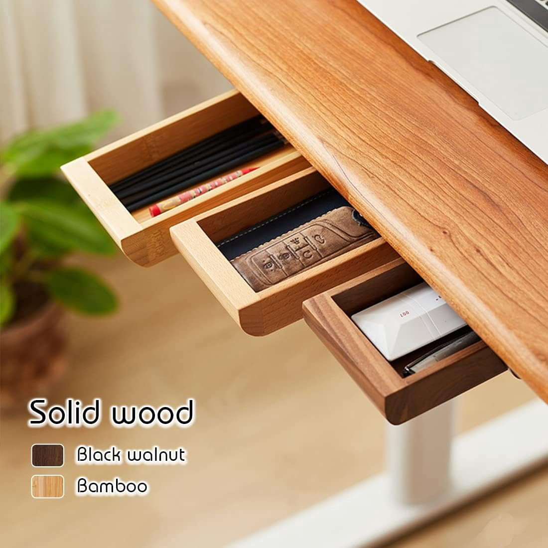 Under Desk Drawer Wood, Self-Adhesive Hidden Drawer Organizer Slide Out, Easy Installation Handmade Under Table Storage, Attachable Pencil Phone Holder For Office Home (Bamboo Medium)