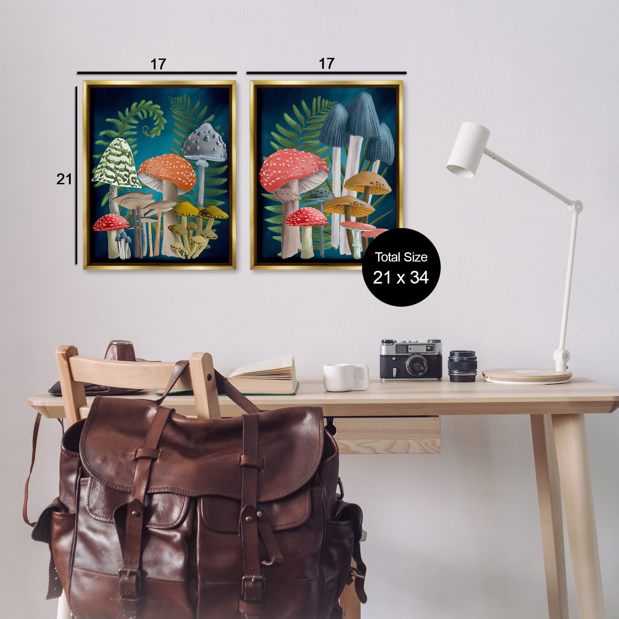 Stupell Industries Mushroom Varieties Forest Ferns Plants & Flowers Painting Gold Floater Framed Canvas Art Print Wall Art, 17 x 21, Set of 2