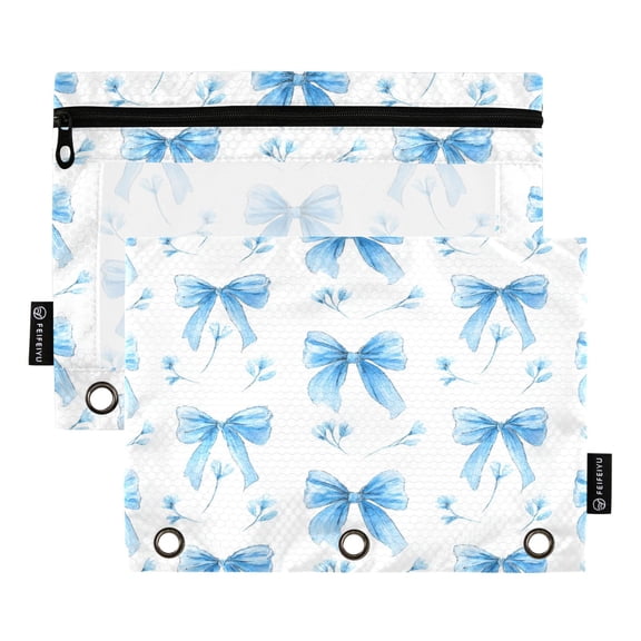 2 Pack 3 Ring Binder Pouch with Clear PVC Window Water Resistant Zipper Pencil Pouch Delicate Blue Bow Pairs Binder Pocket for Classroom Office Home Stationery Organization