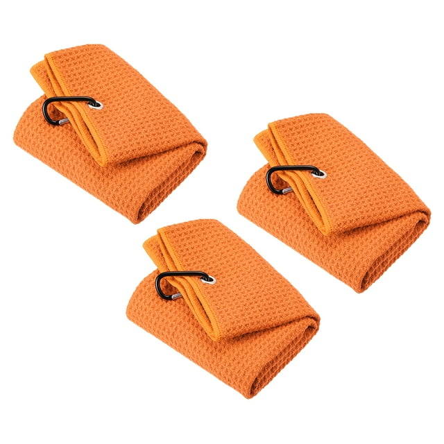 Unique Bargains 24'x16' Golf Towels Tri Fold Waffle Pattern Towels Soft Fiber with D Clip Orange 3 Pack