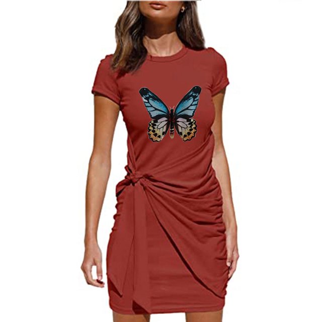 RXIRUCGD Robes d'Été pour Femmes Mode Décontractée Robe T-Shirt Robe Mini Robe de Plage Robe d'Été pour Dames Manches Courtes Col Rond Plissée Imprimée Nœud Ceinturée Robe Mini Irrégulière Robe de Travail Quotidienne