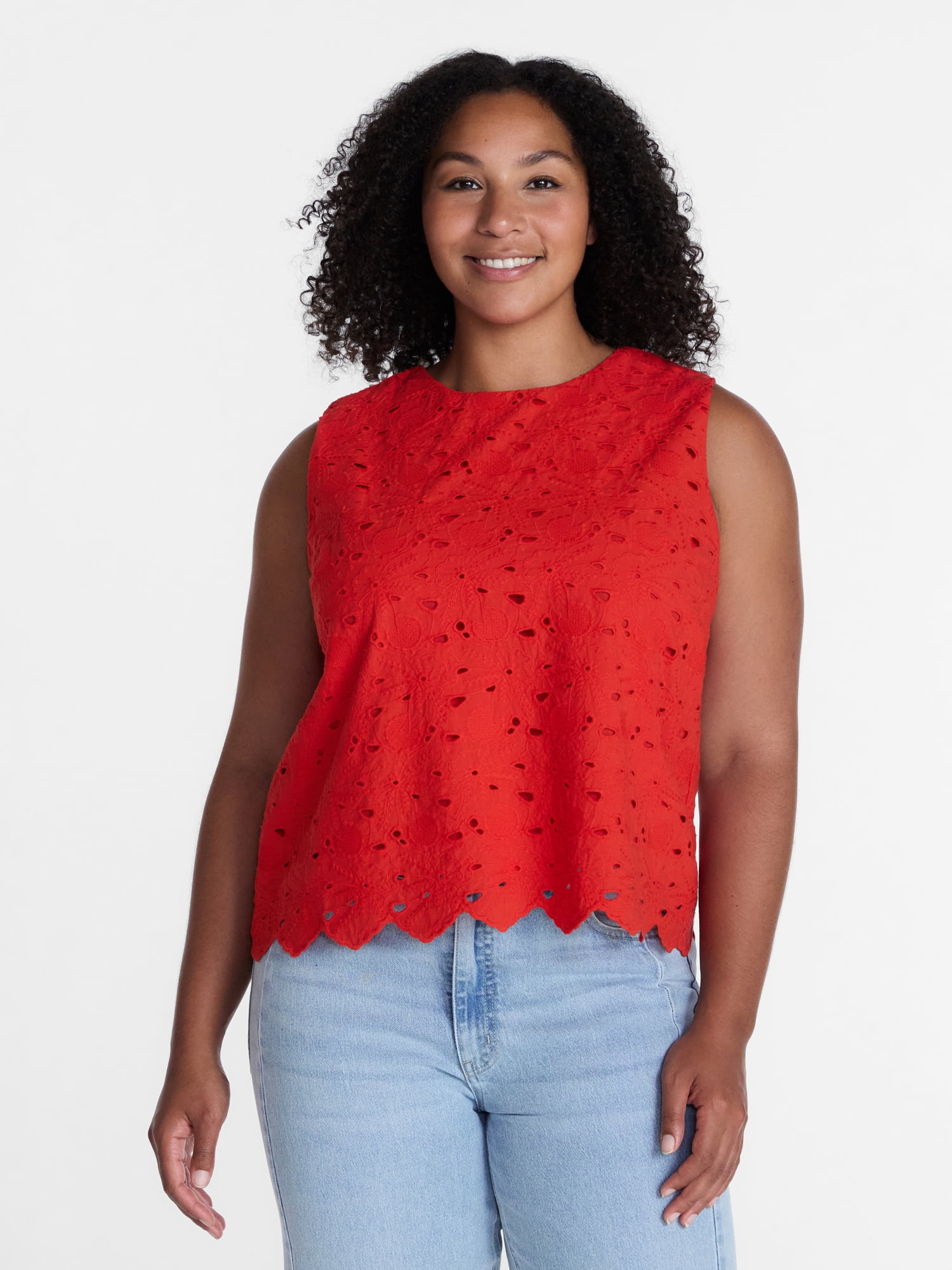 Time and Tru Women’s and Women’s Plus Eyelet Embroidered Top, Sizes XS-4X